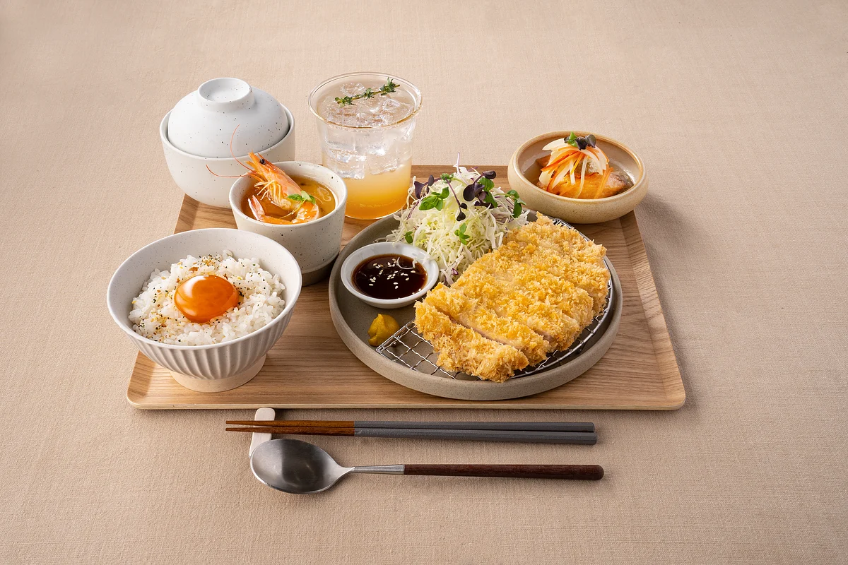 Japanese tonkatsu set with rice, soup, salad and dipping sauce